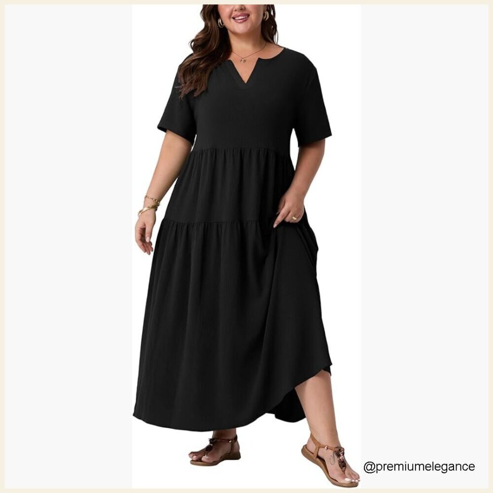 Plus Size Maxi Dress with Pockets, V-Neck, Flowy Boho Summer Dress